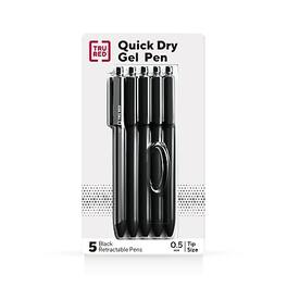TRU RED - Retractable Quick Dry Gel Pens, Fine Point, 0.5mm, 5/Pack - Black