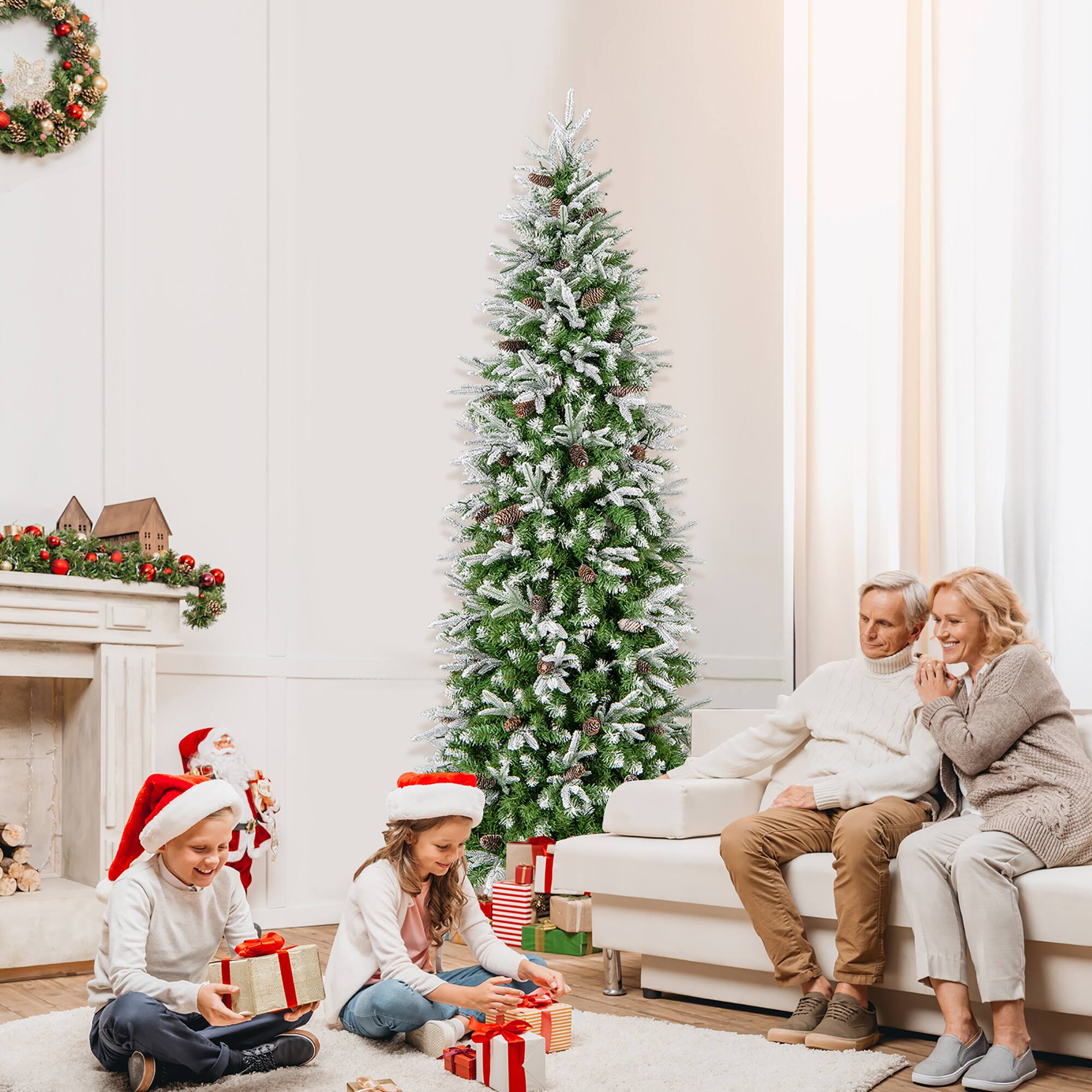 Alt View 1. Gymax - Gymax 7.5 FT Pre-Lit Artificial Christmas Tree Snow Flocked Hinged Xmas Tree - Green, White.