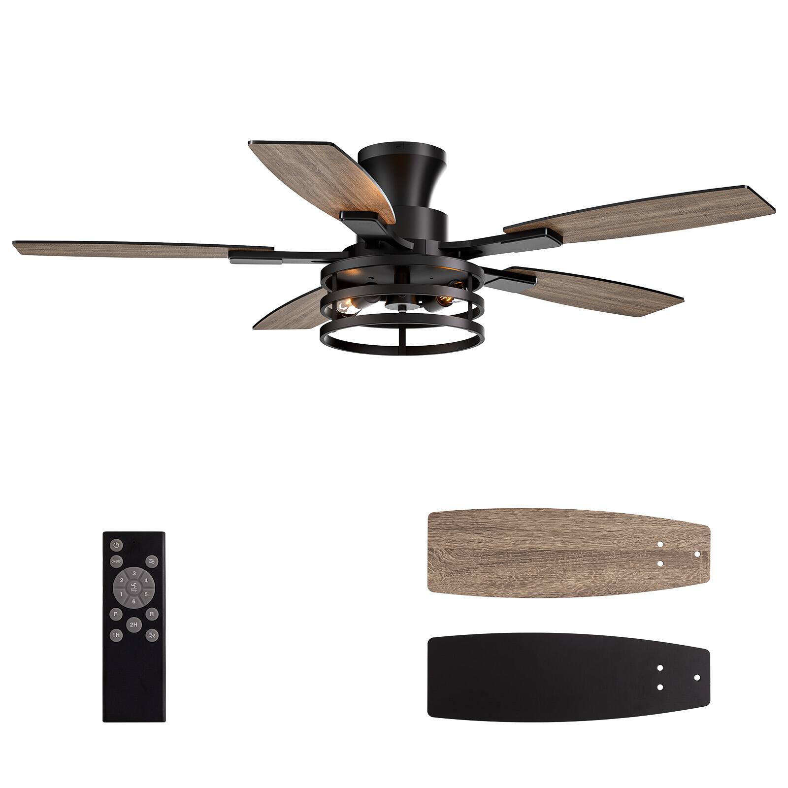 Siljoy - 52 Inch Farmhouse Flush Mount Ceiling Fan with Lights Dual Blades Remote Included 5 Blades for Patio Bedroom Living Room - Black
