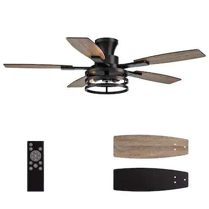 Front. Siljoy - 52 Inch Farmhouse Flush Mount Ceiling Fan with Lights and Dual Blades for Patio Bedroom and Living room - Black.