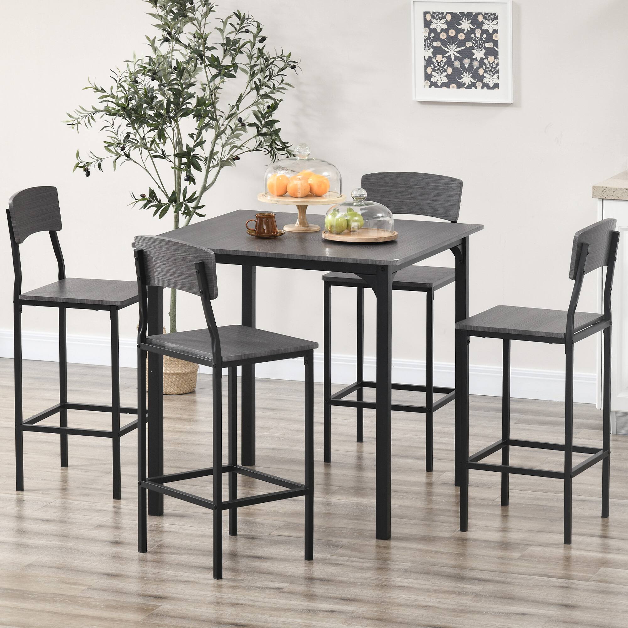 Angle. Homcom - 5-Piece Counter Height Bar Table with Space-Saving Design, Square Kitchen Table and Chairs Set with Footrest, Metal Legs - Gray.