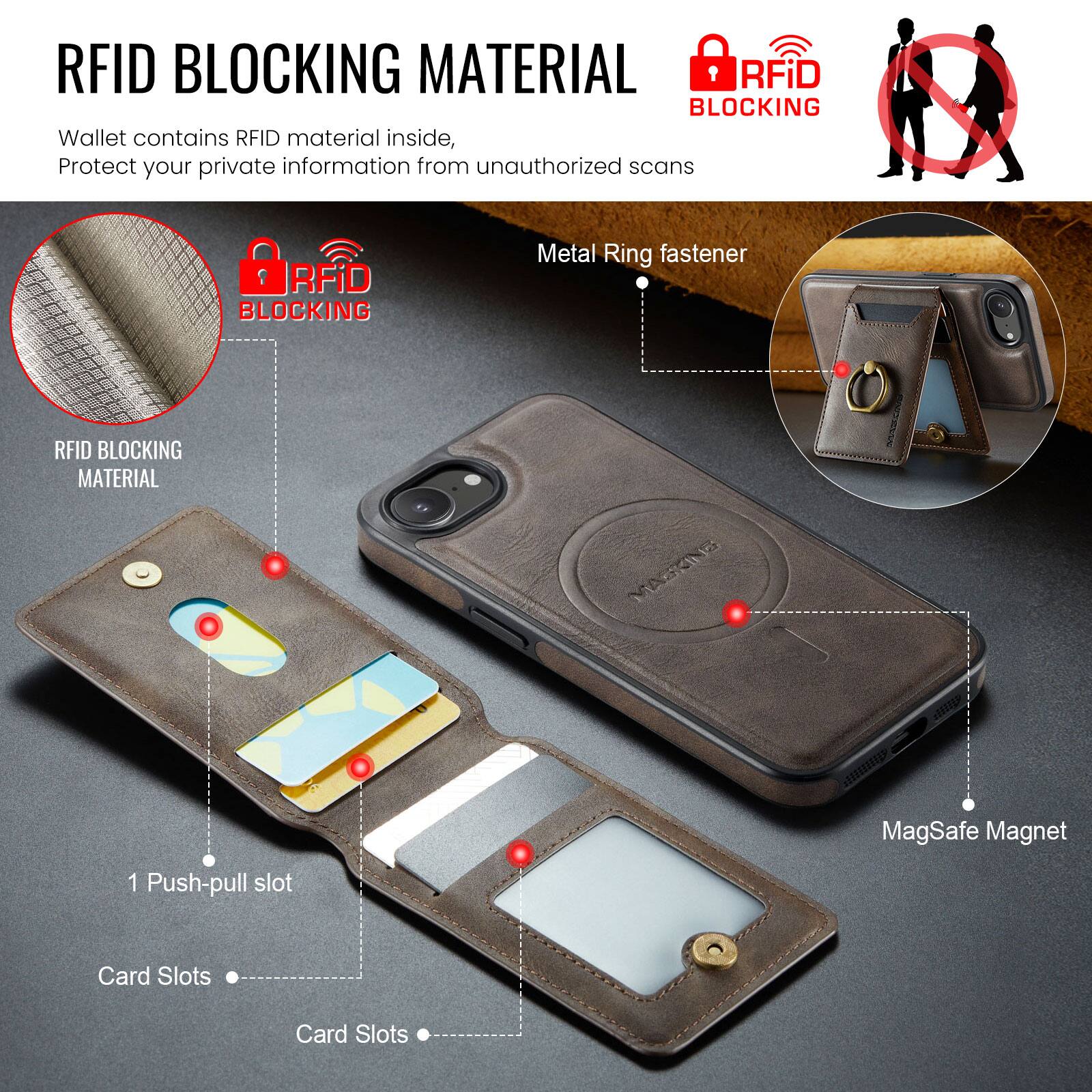 RFID BLOCKING MATERIAL

Wallet contains RFID material inside, Protect your private information from unauthorized scans

RFID BLOCKING MATERIAL

Metal Ring fastener

1 Push-pull slot

Card Slots

Card Slots

MagSafe Magnet