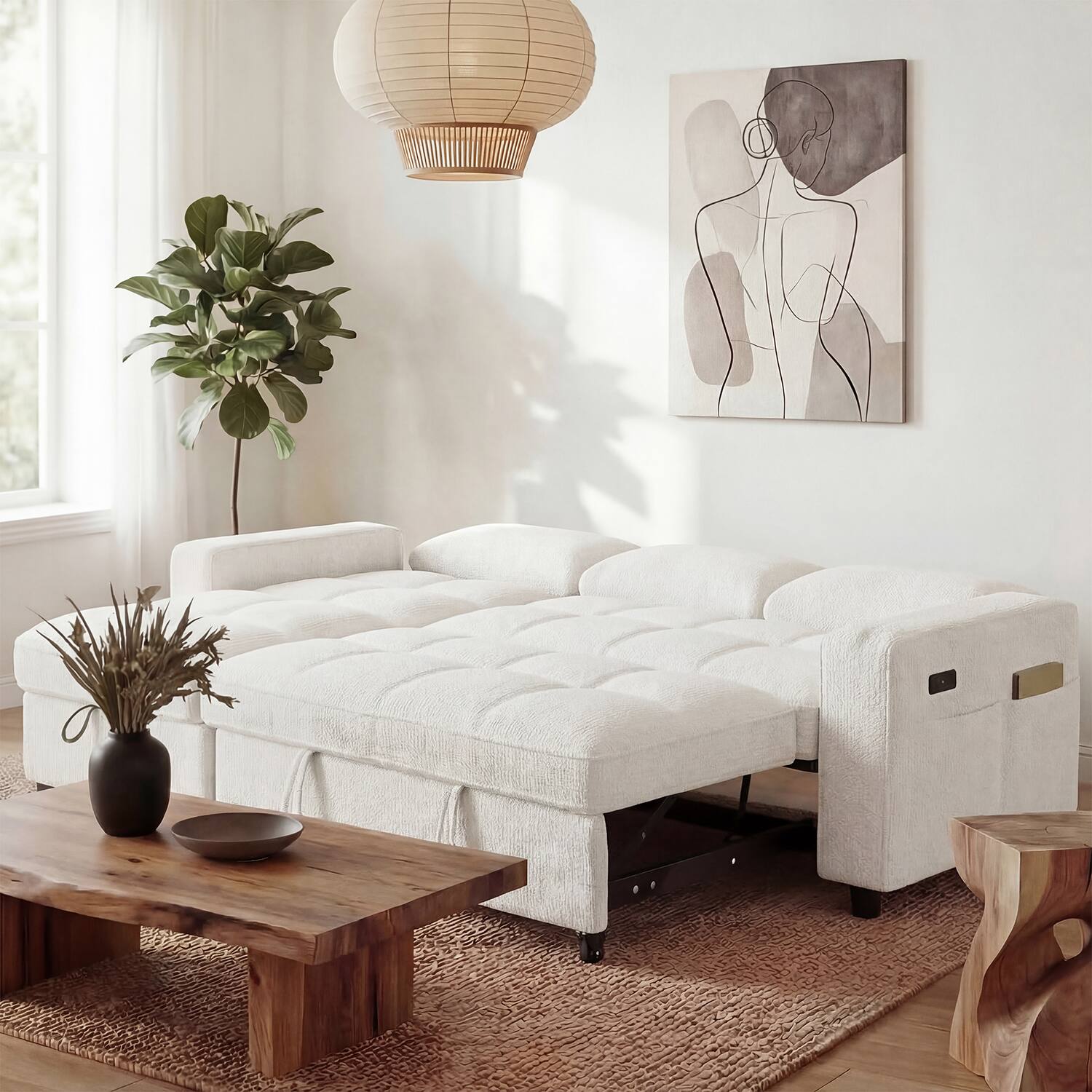 Alt View 1. Dyonery - Dyonery 81" L-Shaped Sleeper Sofa Bed with Pull-Out, Reclining Backrest, Storage Chaise & USB Ports, Chenille Beige - Chenille + Beige.