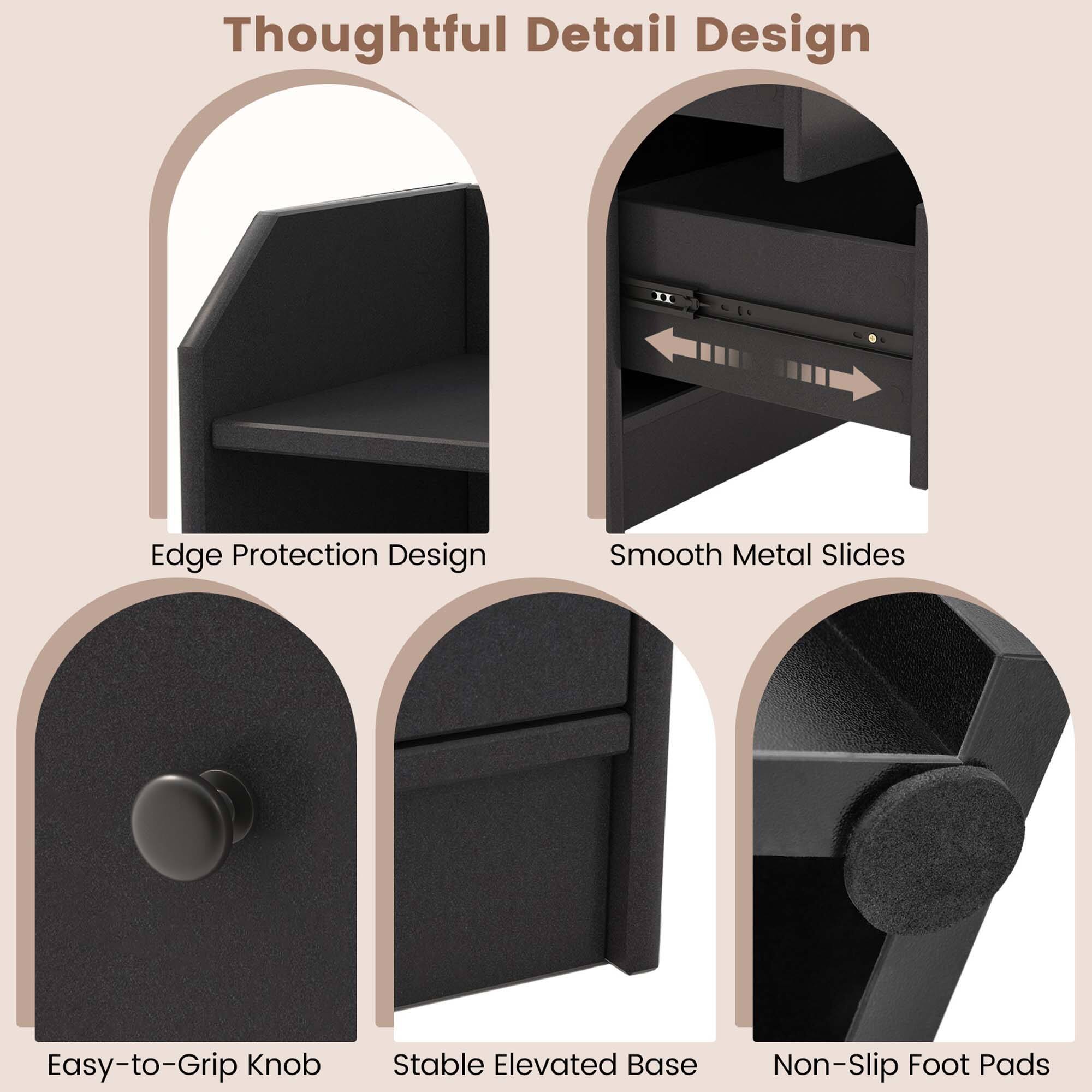 Thoughtful Detail Design
Edge Protection Design
Smooth Metal Slides
Easy-to-Grip Knob
Stable Elevated Base
Non-Slip Foot Pads