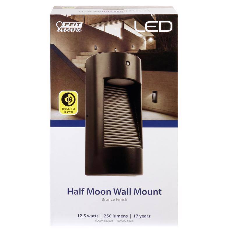 FEIT Electric LED Dusk to Dawn Half Moon Wall Mount Bronze Finish  
12.5 watts | 250 lumens  
5000K daylight | 50,000 hours  
17 years