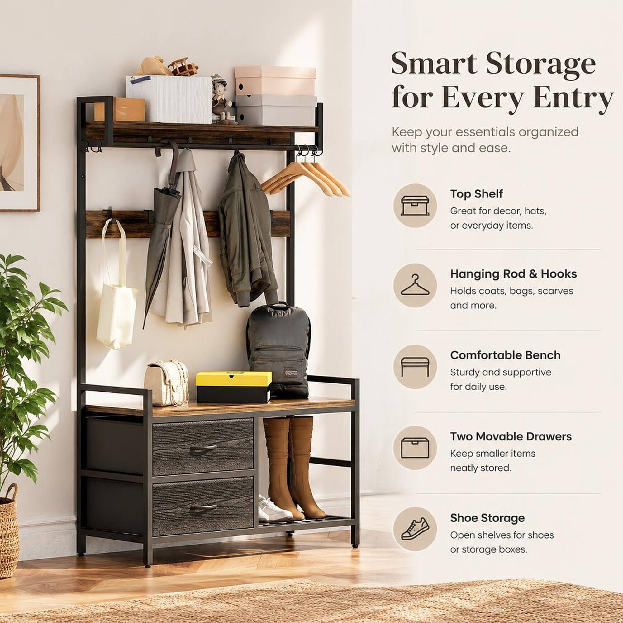 RYHNUYNE 33.1 in Wide 5 in 1 Hall Tree, Entryway Bench, Shoe Storage, 2 ...