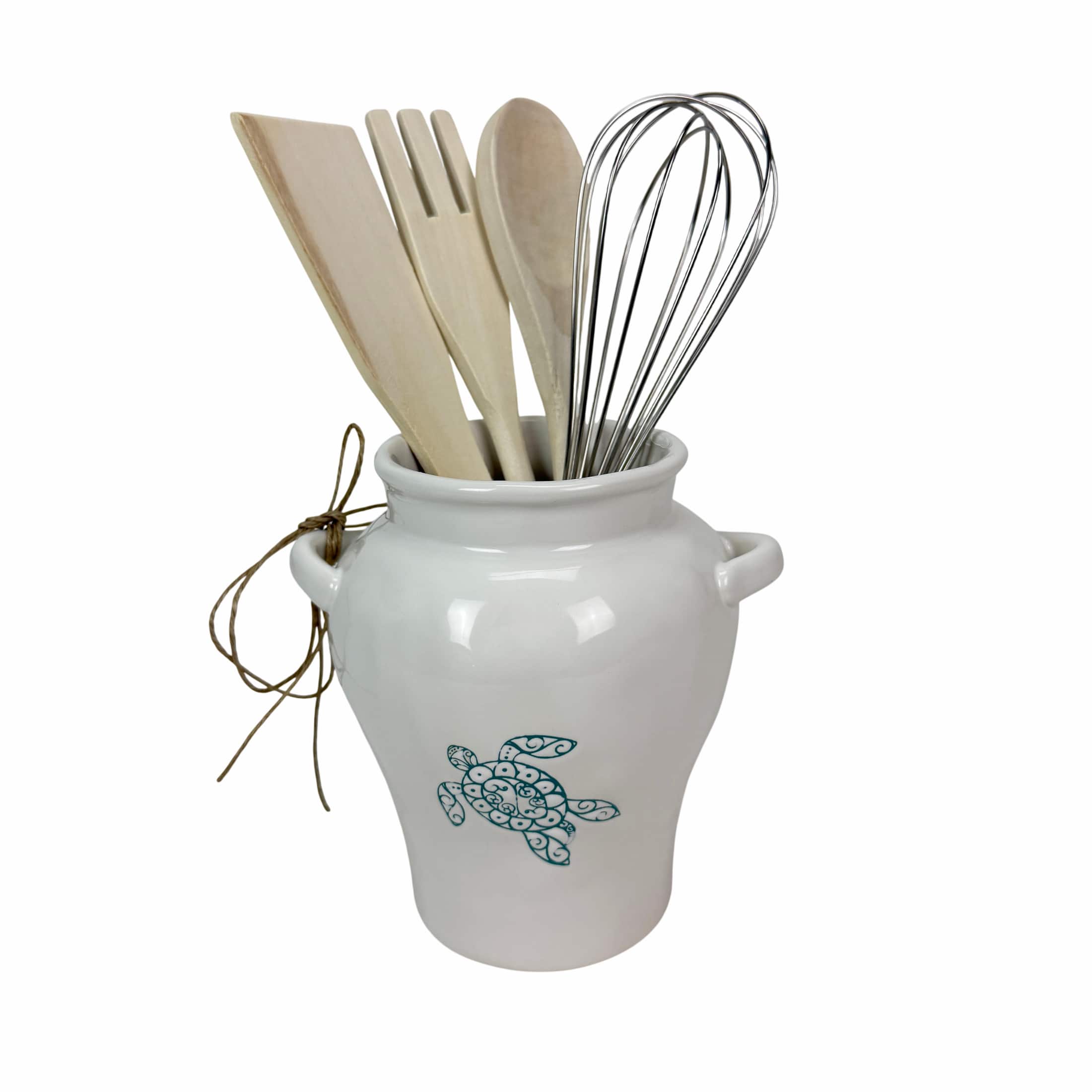 Fancy That - Sea Turtle Ceramic Kitchen Utensil Holder Glossy 10.5 Inch Tall - White