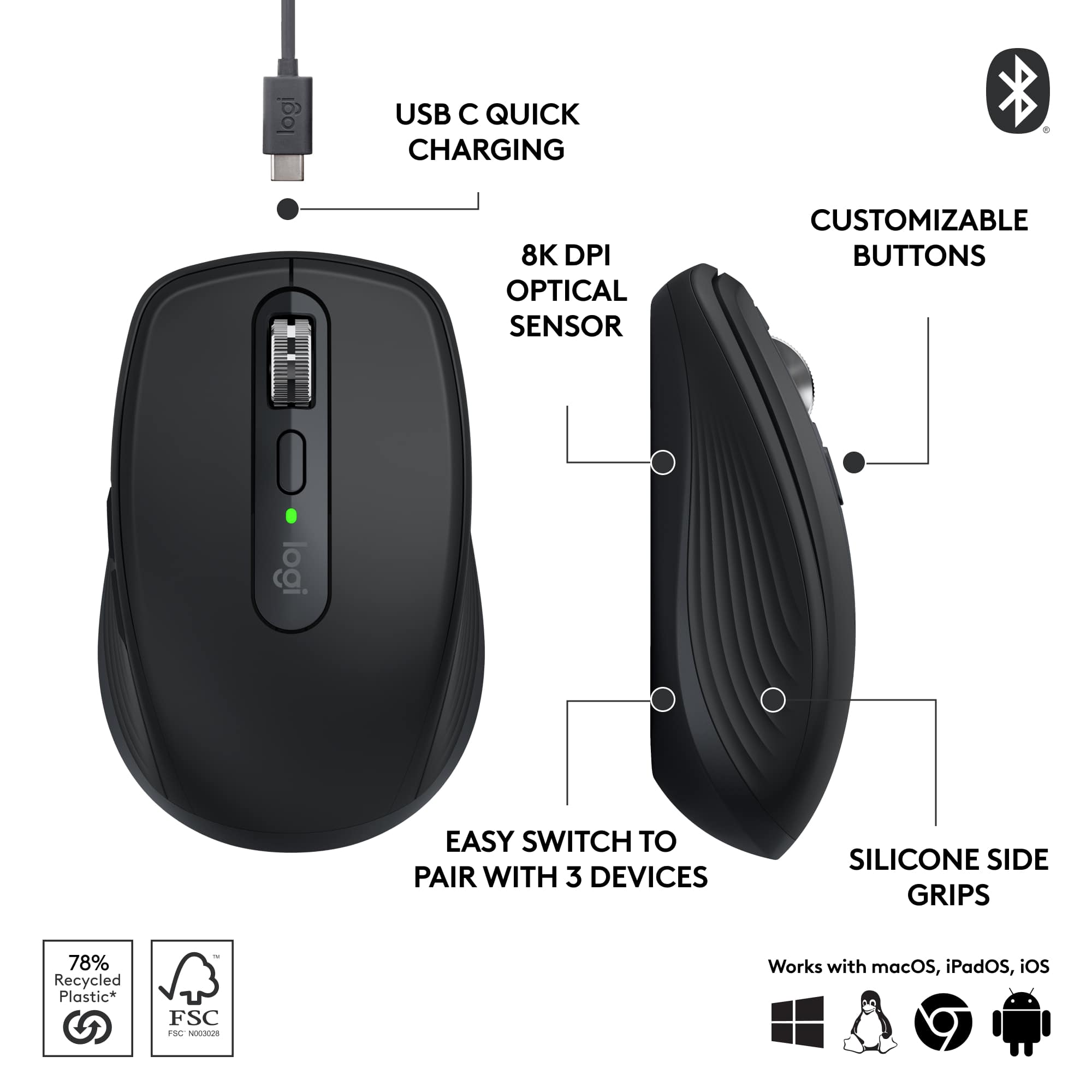 Logitech USB Quick Charging 8K DPI Optical Sensor Customizable Buttons Easy Switch to Pair with 3 Devices Silicone Side Grips 78% Recycled Plastic* - FSC FSC nnotae Works with macOS, iPadOS, iOS