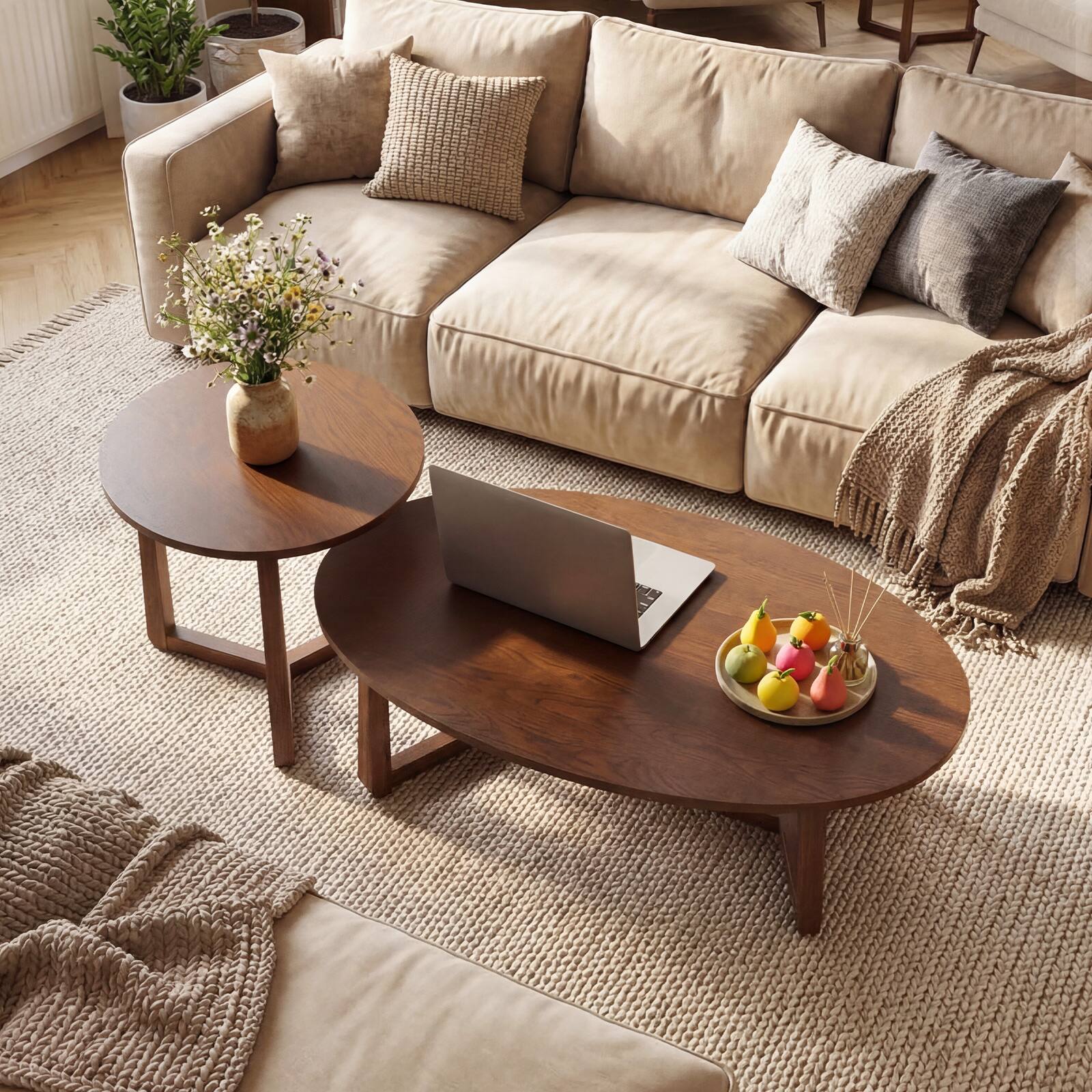 Alt View 4. Costway - Costway Nesting Coffee Table Set of 2 Oval Accent Table & Round Sofa Side Table - Walnut.