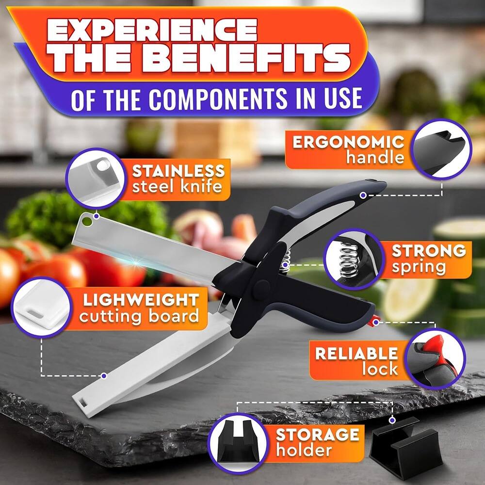 EXPERIENCE THE BENEFITS OF THE COMPONENTS IN USE

- STAINLESS steel knife
- ERGONOMIC handle
- LIGHTWEIGHT cutting board
- STRONG spring
- RELIABLE lock
- STORAGE holder