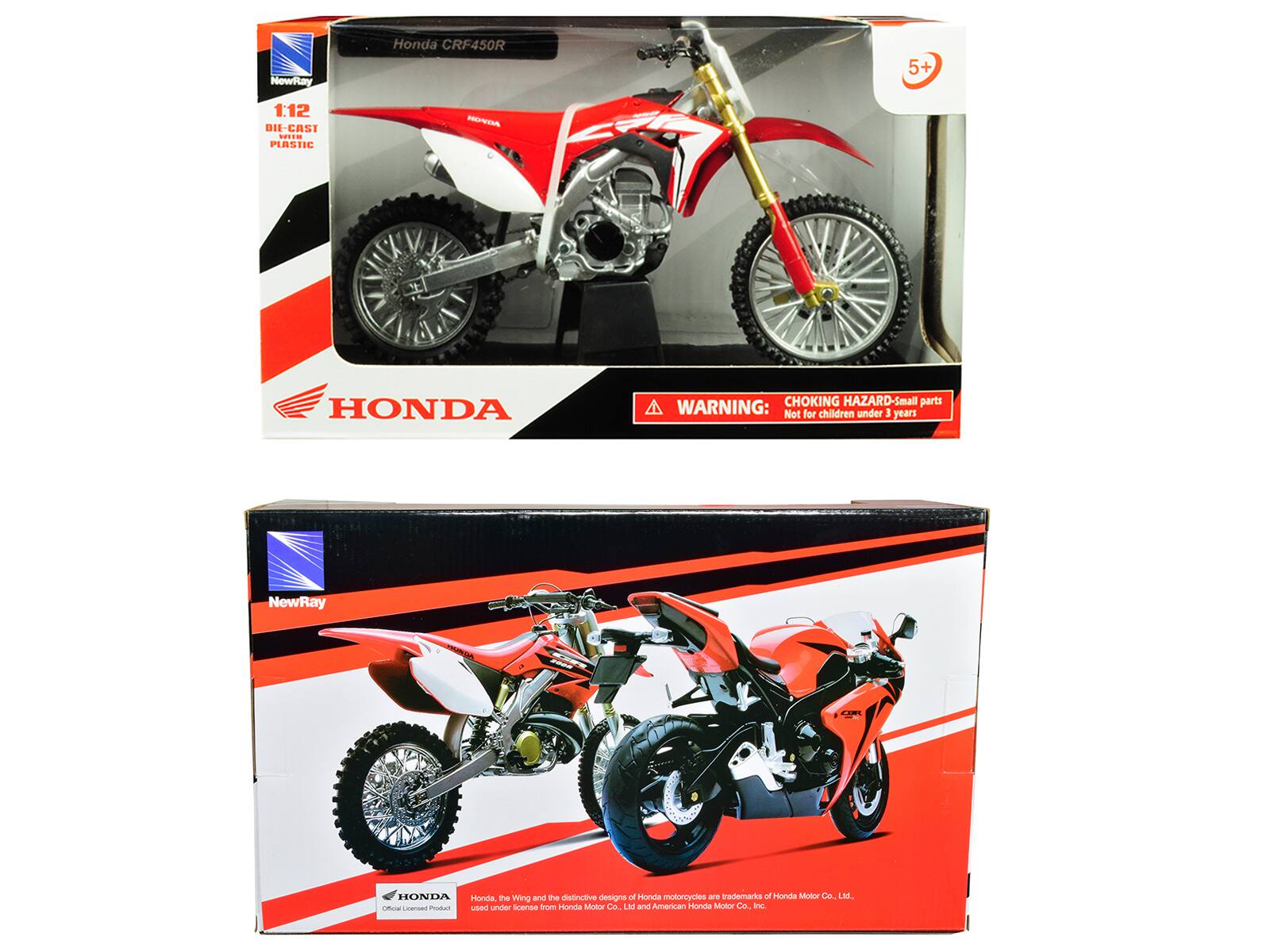 NewRay Honda CRF450R  
1:12 DIE-CAST PLASTIC  
5+  

WARNING: CHOKING HAZARD - Small parts. Not for children under 3 years.  

Honda, the Wing and the distinctive designs of Honda motorcycles are trademarks of Honda Motor Co., Ltd. Licensed product under license from Honda Motor Co., Ltd. and Amurizan Honda Motor Co., Inc.