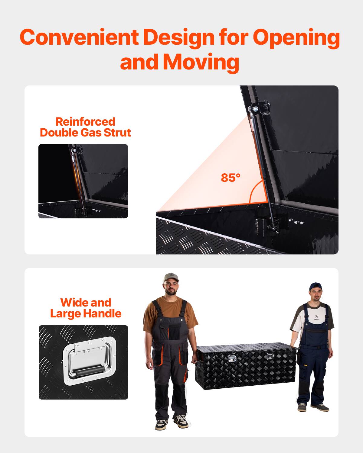 Convenient Design for Opening and Moving

Reinforced Double Gas Strut

Wide and Large Handle