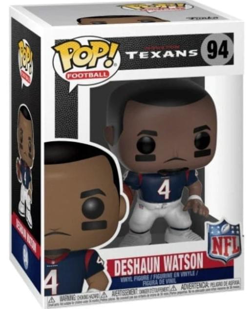 Sure, here is the corrected and grouped text from the image:

---

**Top Left:**
- POP! FOOTBALL

**Top Center:**
- TEXANS 94

**Center:**
- DESHAUN WATSON

**Bottom Center:**
- VINYL FIGURE / FIGURINE EN VINYLE / FIGURA DE VINIL

**Bottom Right:**
- NFL

**Bottom Left:**
- WARNING: CHOKING HAZARD - Small parts. Not for children under 3 years.
- ADVERTENCIA: PEQUEÑOS PIEZAS. NO ES APTO PARA MENORES DE 3 AÑOS.

**Bottom Center:**
- FIGURA DE VINIL
- ADVERTENCIA: PELOJO DE ASPASIA

**Bottom Right:**
- 4

---