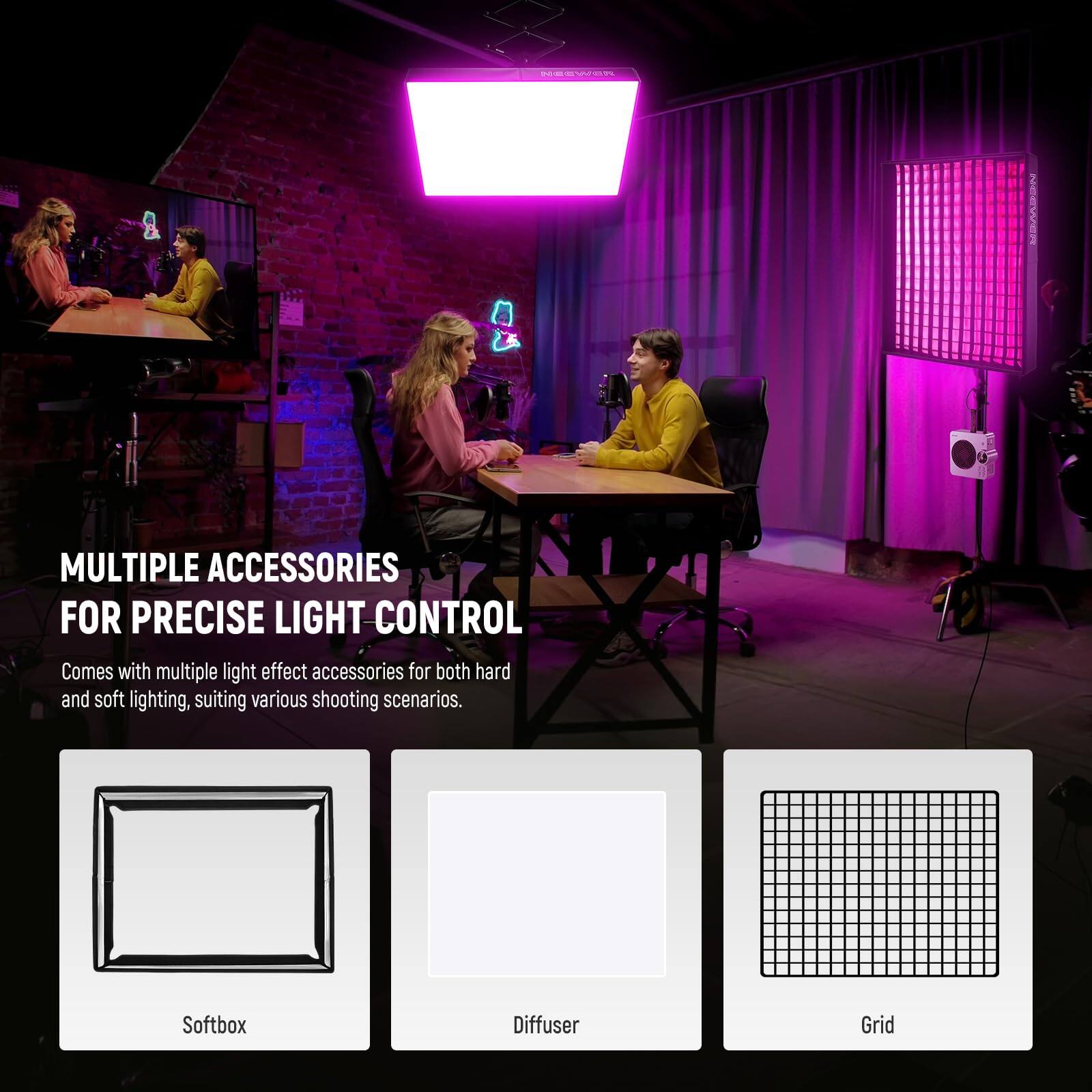 **MULTIPLE ACCESSORIES FOR PRECISE LIGHT CONTROL**

Comes with multiple light effect accessories for both hard and soft lighting, suiting various shooting scenarios.

- Softbox
- Diffuser
- Grid