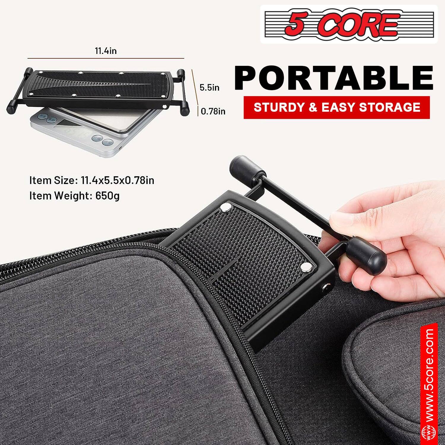 11.4in, 5.5in, 0.78in, 5 CORE, PORTABLE, STURDY & EASY STORAGE, Item Size: 11.4x5.5x0.78in, Item Weight: 650g, www.5core.com