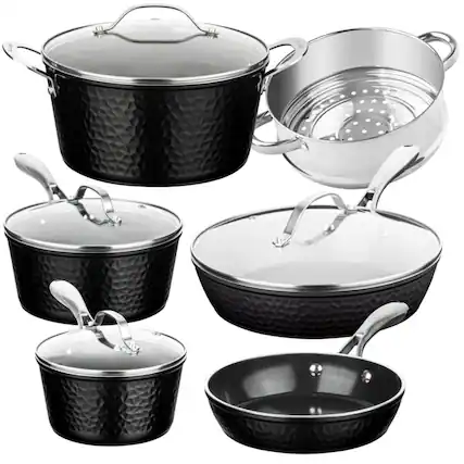Front. Gotham Steel - Gotham Steel 10 Piece Hammered Black Nonstick Ceramic Cookware Set - Black.