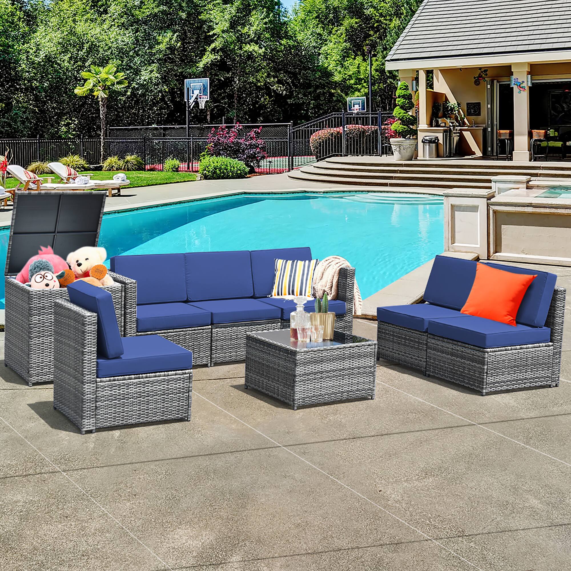 Alt View 1. Costway - 8 PCS Wicker Sofa Rattan Furniture Set Patio Furniture w/ Storage Table - Navy.