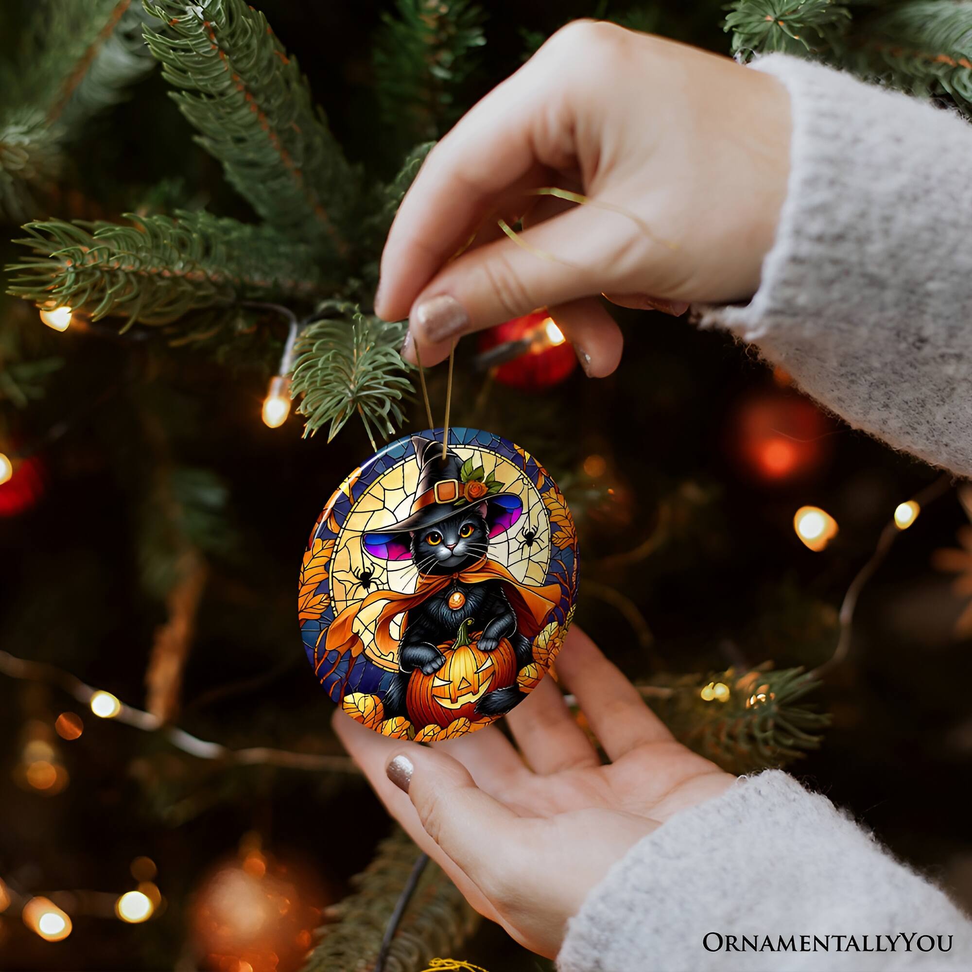 Alt View 1. OrnamentallyYou - Enchanted Cat Witch Stained Glass Style Ceramic Ornament Christmas Gift and Dcor Version 2 - Multi-colored.