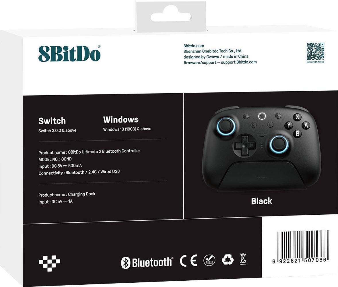 8BitDo  
8bitdo.com  
Shenzhen Onebitdo Tech Co., Ltd.  
designed by Gwowo / made in China  
firmware/support - support.8bitdo.com  

Switch  
Switch 3.0.0 & above  

Windows  
Windows 10 (1903) & above  

Product name: 8BitDo Ultimate 2 Bluetooth Controller  
MODEL NO.: 80ND  
Input: DC 5V = 500mA  
Connectivity: Bluetooth / 2.4G / Wired USB  

Product name: Charging Dock  
Input: DC 5V = 1A  

Black  

Bluetooth  
CE  
ROHS  

6922621507086