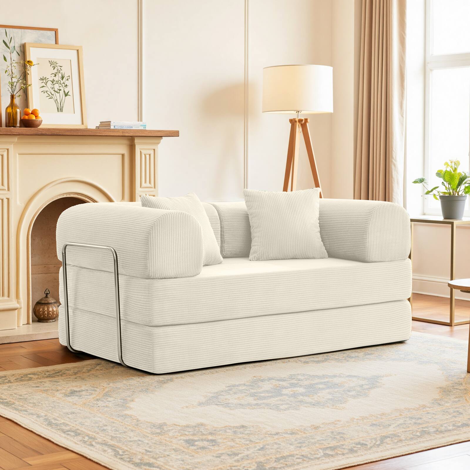 Alt View 3. KERDOM - 62'' Wide Corduroy Sleeper Sofa Bed, Convertible Loveseat Sofa With Pull-out Bed, Foldable Spliced Block Lounge Couch - Pearl White.