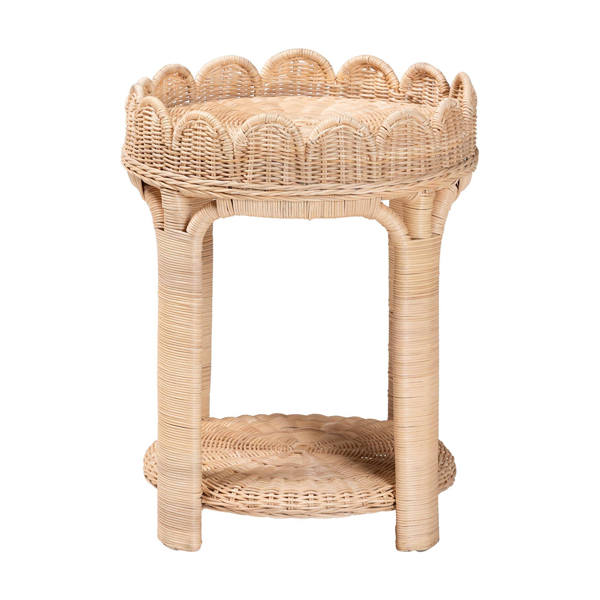 Angle. bali & pari - bali & pari Latoya Natural Rattan End Table - Handwoven Wicker 2-Tier Side Table with Scalloped Border - Natural Brown.