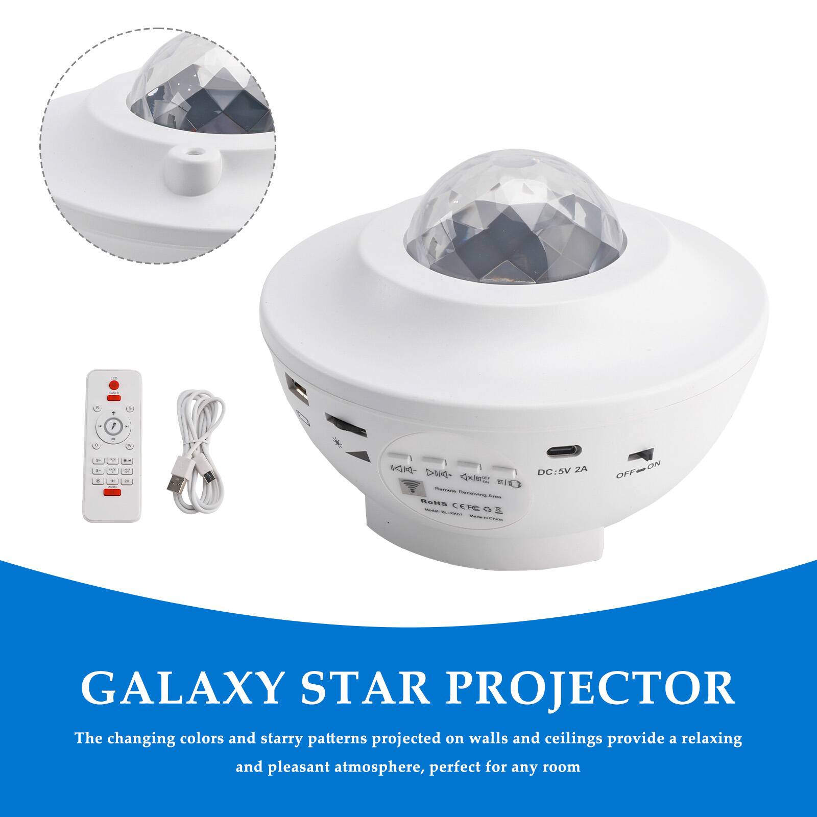- I F + - - M DC:5V 2A DI RIC NT msATe - Rans CEN - S OFF=ON GALAXY STAR PROJECTOR

The changing colors and starry patterns projected on walls and ceilings provide a relaxing and pleasant atmosphere, perfect for any room