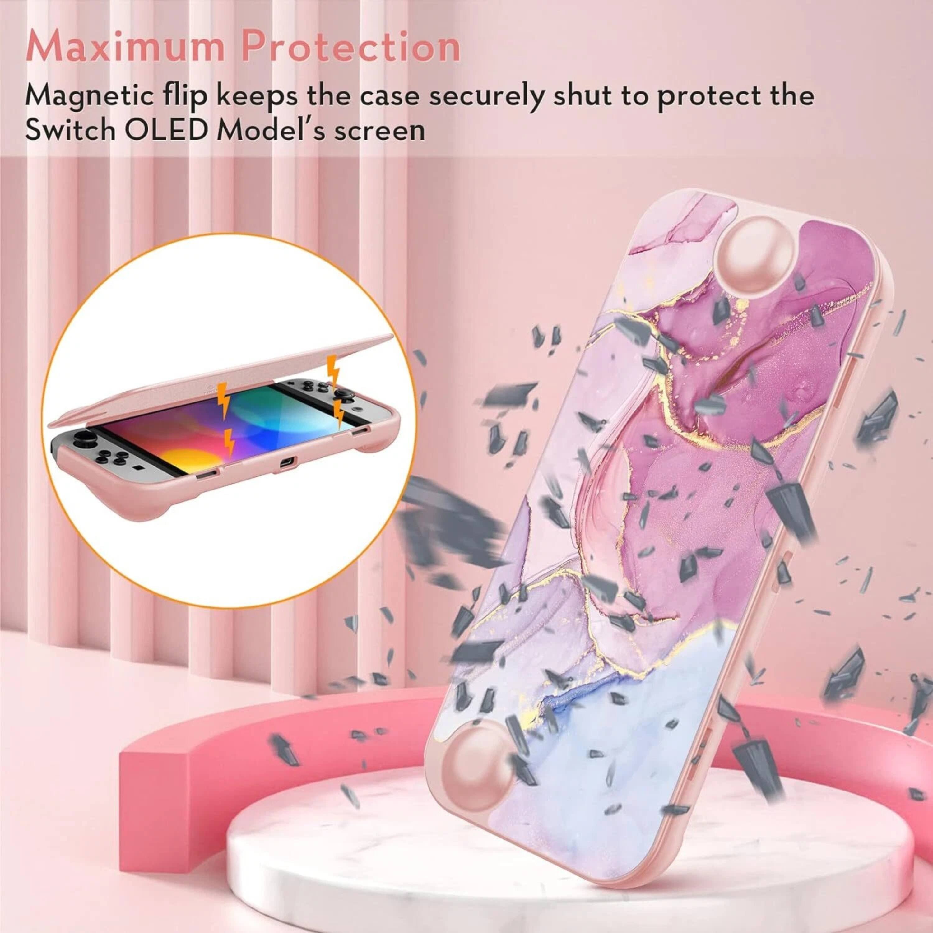 Left. Kitcheniva - Lightweight TPU Case For Nintendo Switch OLED Model 2021 With Front Cover Lilac Marble - Lilac Marble.