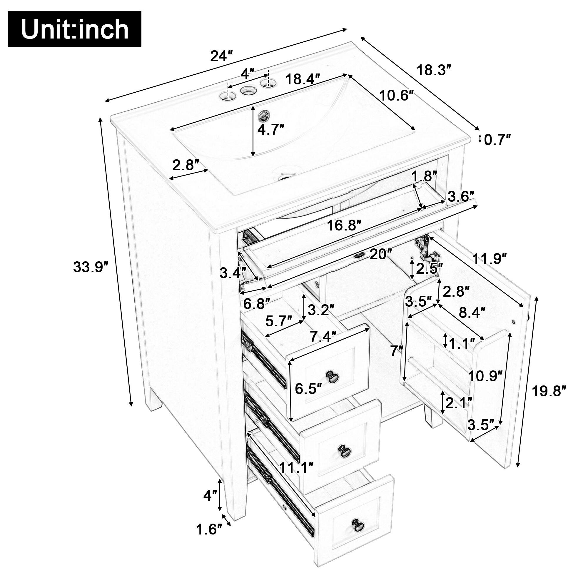 Unit: inch  
24" 4" 18.4" 18.3" 10.6" 4.7" 10.7" 2.8" 1.8" 3.6" 16.8" 33.9" 3.4" 6.8" 3.2" 5.7" 7.4" 20" 11.9" 2.5" 2.8" 3.5" 8.4" 1.1" 7" 6.5" 10.9" 2.1" 3.5" 19.8" 11.1" 4" 1.6"