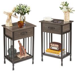Vecelo - Set of 2 Industrial Nightstand - Bedside Table with Drawer, Compact End Table with Adjustable Feet, Metal Frame - Gray