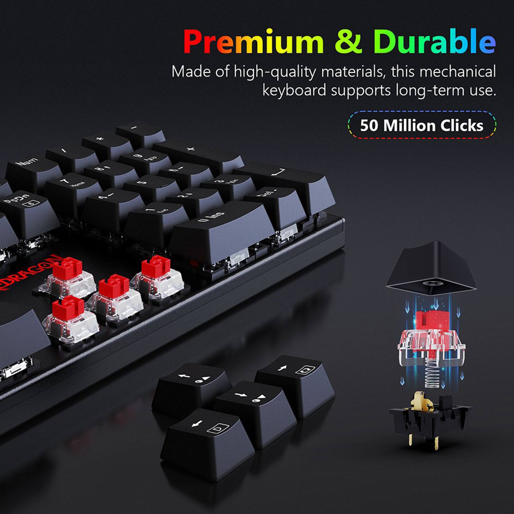 Premium & Durable: This mechanical keyboard is made of high-quality materials, ensuring long-term use. It has a 100% mechanical design and supports 50 million clicks.