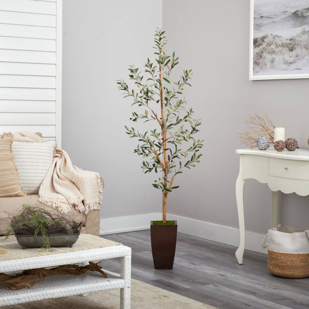 Angle. BreeBe - 5.5' Olive Artificial Tree in Bronze Metal Planter - Green.