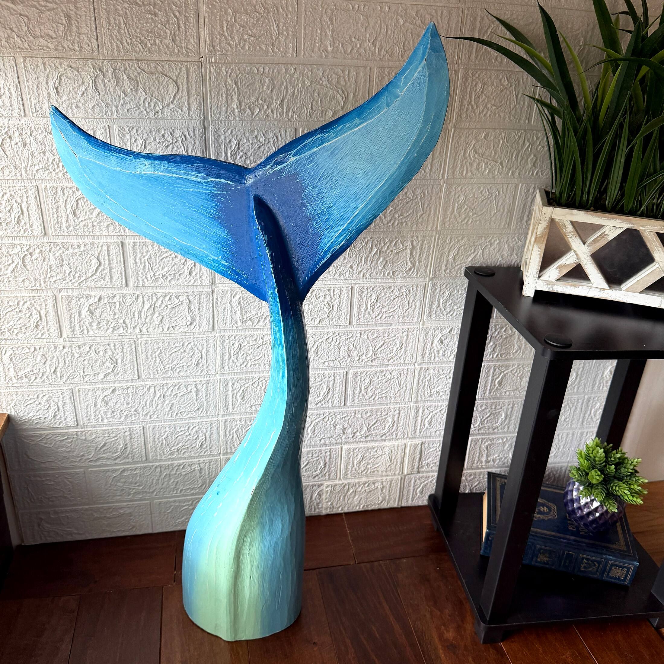 Alt View 3. Things2Die4 - Things2die4 Blue Wood Whale Tail Statue 33 Inch Height Coastal Floor Sculpture - Blue.