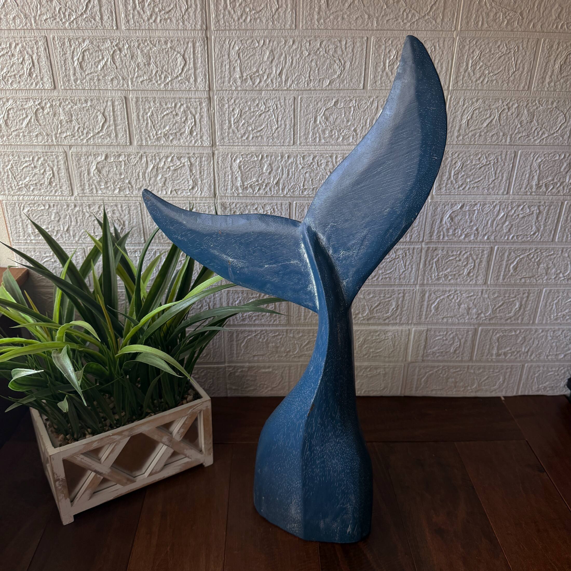 Alt View 3. Things2Die4 - Blue Wooden Whale Tail Sculpture 25 Inch Nautical Coastal Freestanding Decor - Blue.