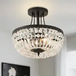 Loheer - 12 inch Black Semi Flush Mount Crystal Chandelier, Three Light Modern Farmhouse Ceiling Fixture
