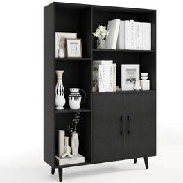 Costway - Free Standing Storage Cabinet with 5 Open Shelves Double Door Cabinet Metal Legs - Black