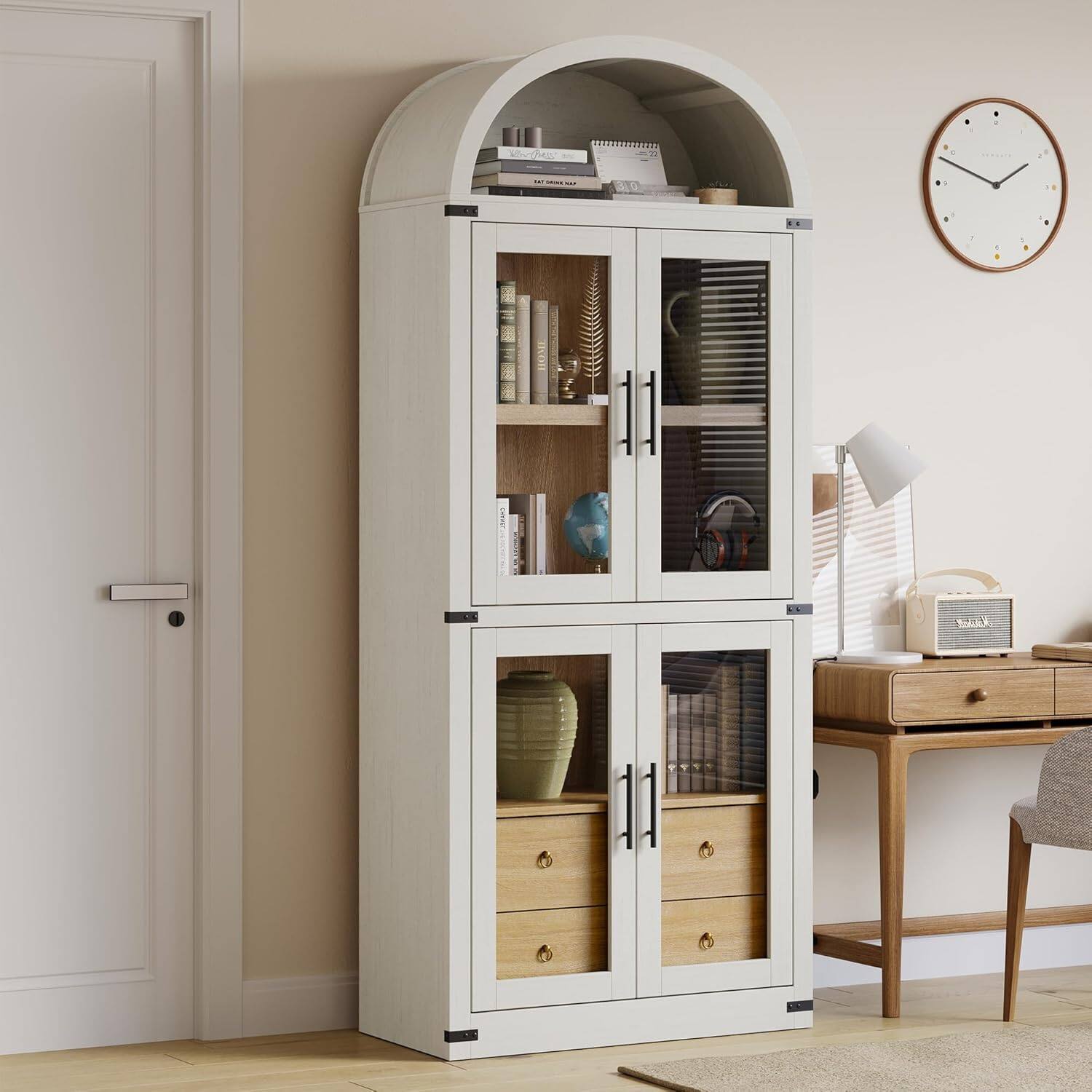 Back. Homhougo - Arched Pantry Cabinet with Doors, 71.4" Tall Wood Storage Cabinet with 2 Drawers, Farmhouse Kitchen Cupboard & Modern - White.