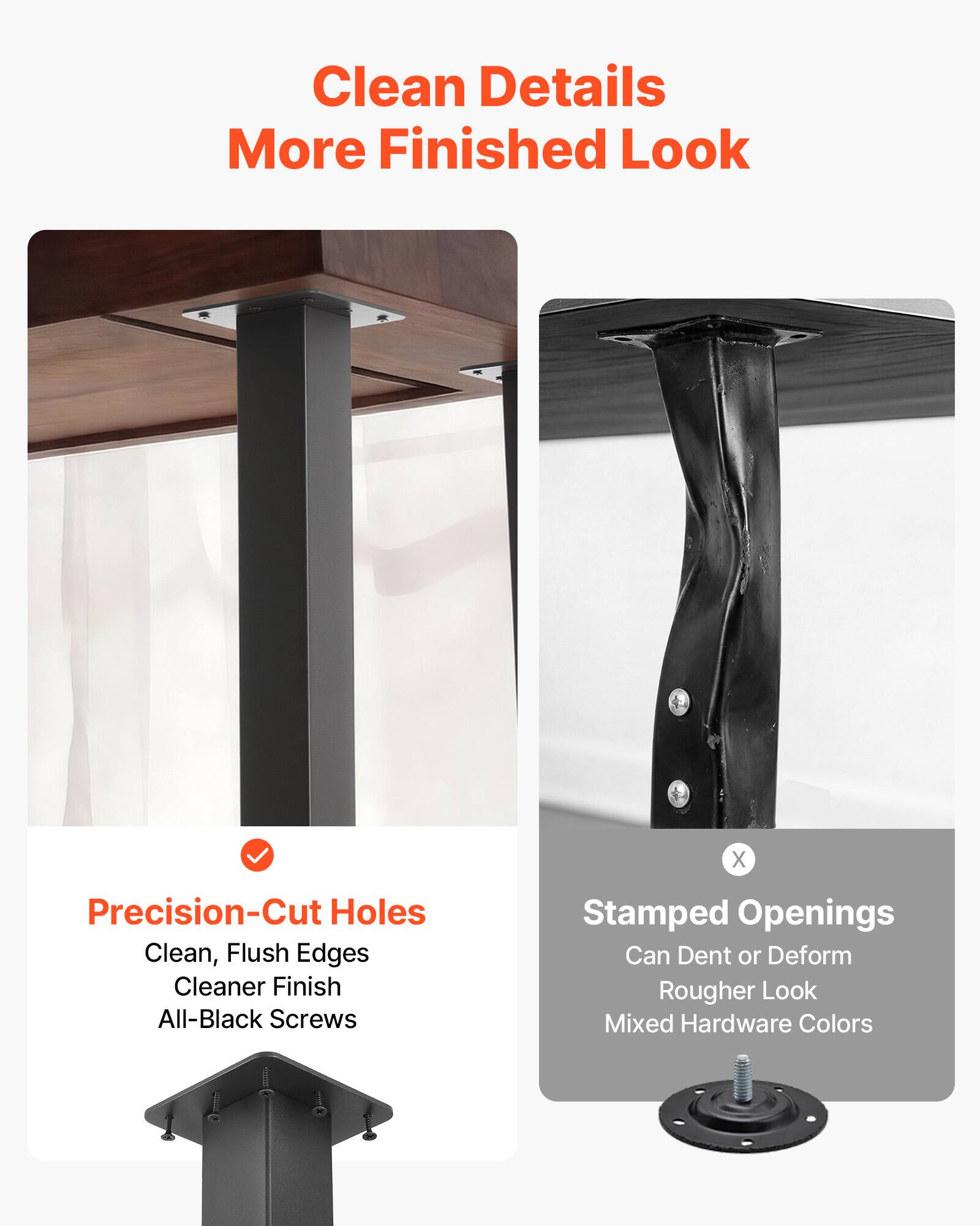 Clean Details  
More Finished Look

Precision-Cut Holes  
Clean, Flush Edges  
Cleaner Finish  
All-Black Screws

Stamped Openings  
Can Dent or Deform  
Rougher Look  
Mixed Hardware Colors