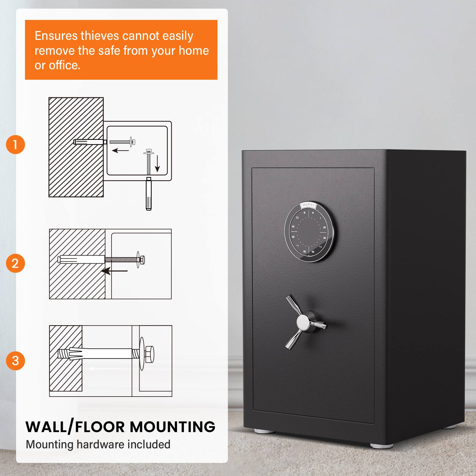 Ensures thieves cannot easily remove the safe from your home or office.

1. WALL/FLOOR MOUNTING
   Mounting hardware included