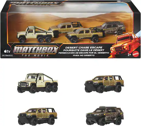 MATCHBOX THE MOVIE
DESERT CHASE ESCAPE
Poursuite dans le désert
Persecución de escape por el desierto
Fuga no desierto
3+ MATTEL