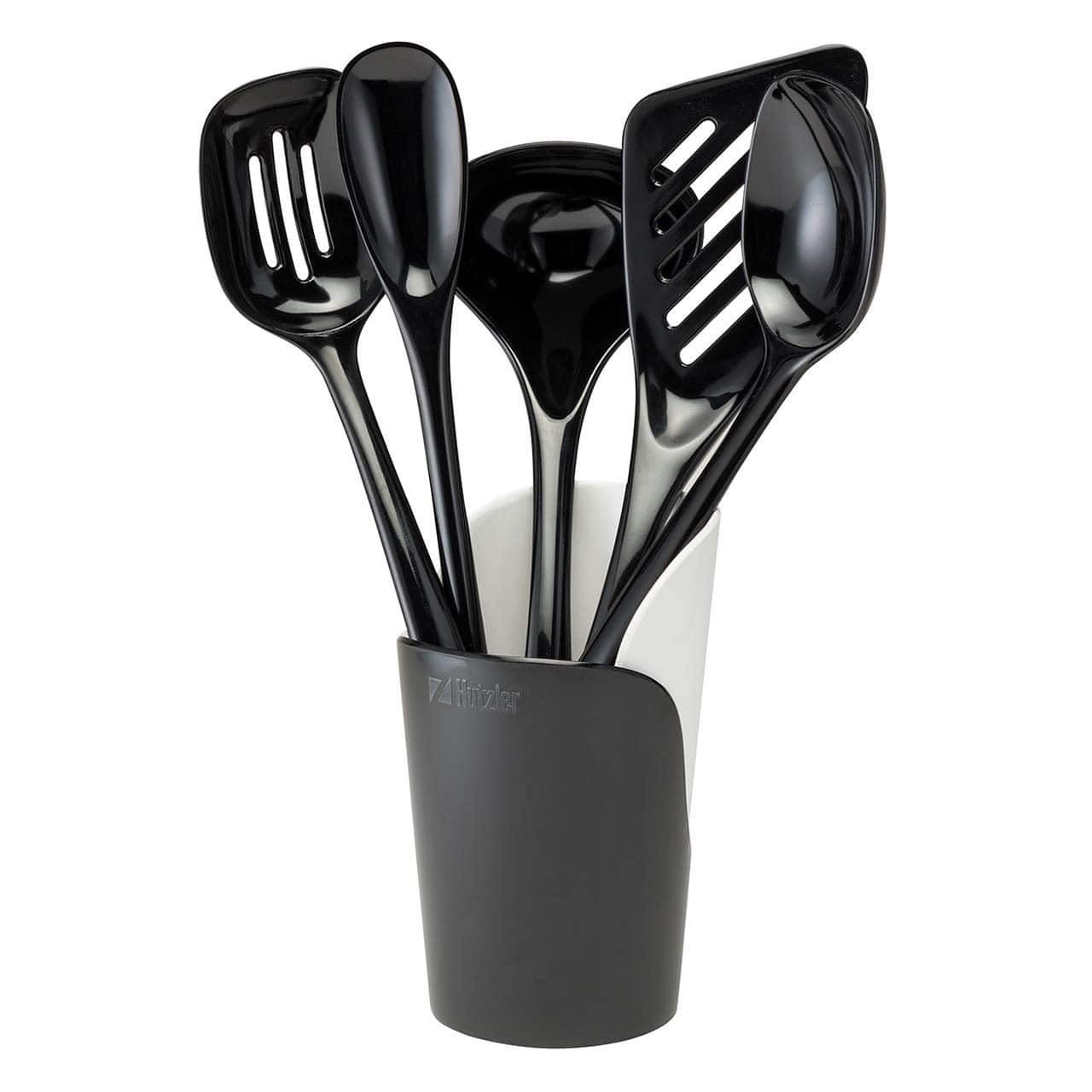 Hutzler - 6-piece Melamine Cooking Utensils Set and Storage Crock - Black