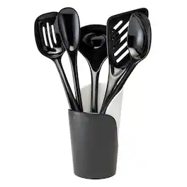 Hutzler - 6-piece Melamine Cooking Utensils Set and Storage Crock - Black