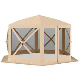 Outsunny - Hexagon Pop Up Party Tent Gazebo with Mesh Netting Walls & Shaded Interior - Beige