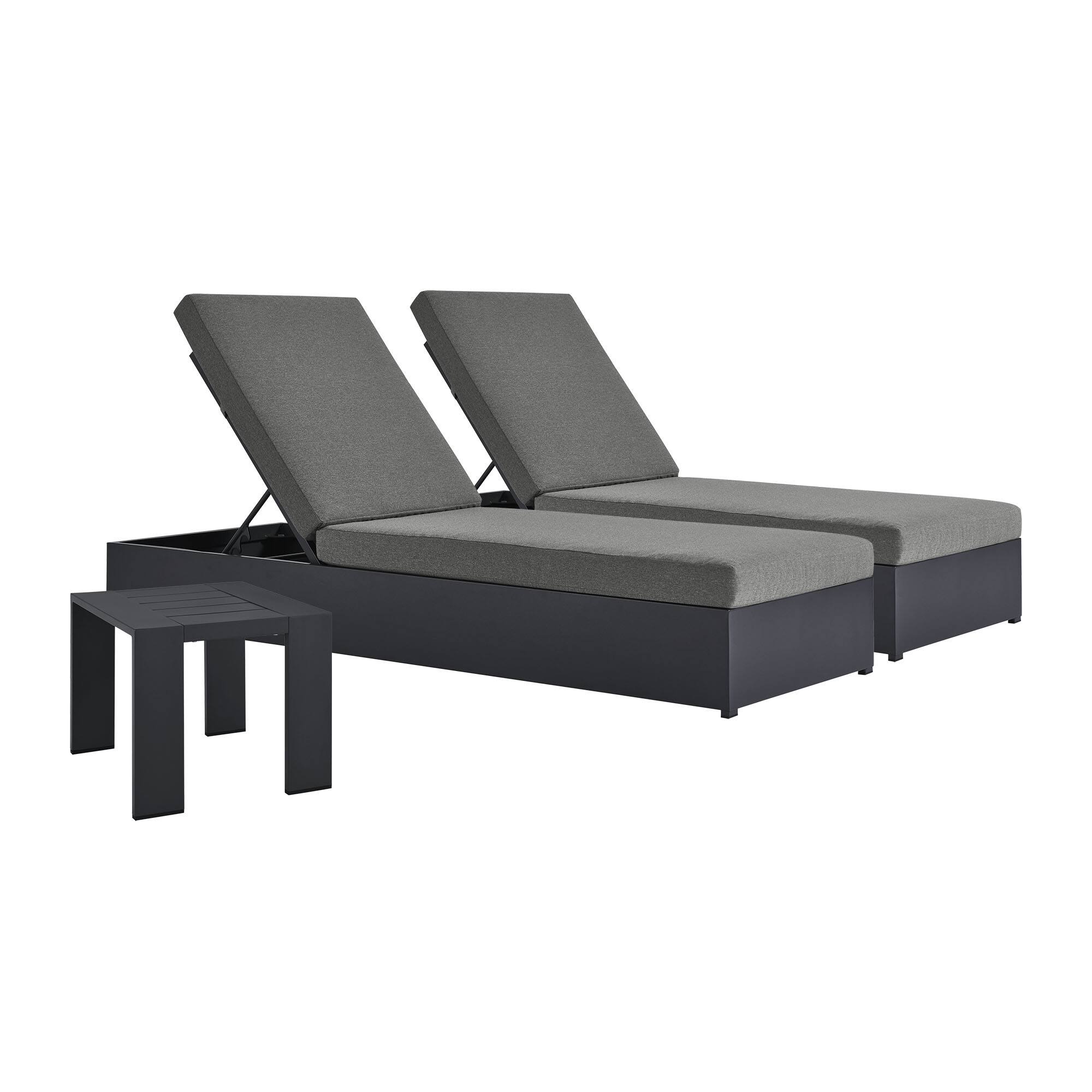 Alt View 1. Modway - Tahoe 3-Piece Outdoor Powder-Coated Aluminum Chaise Lounge Set - 2 Reclining Chaise Chairs and Slatted Side Table - Gray Charcoal.