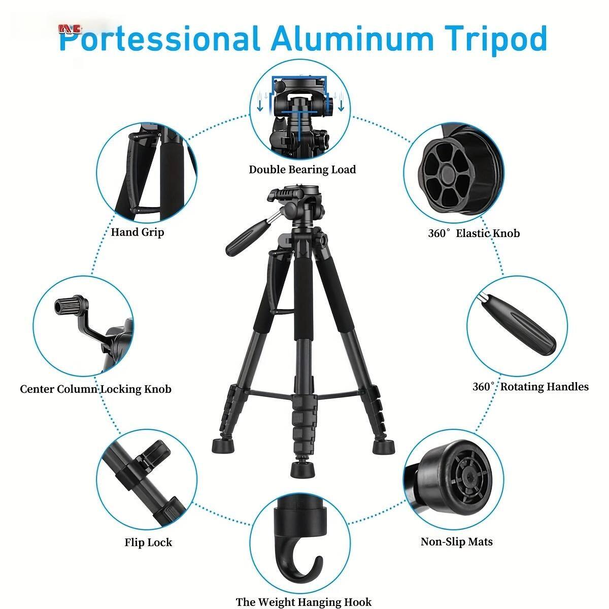 Professional Aluminum Tripod

- Double Bearing Load
- Hand Grip
- 360° Elastic Knob
- Center Column Locking Knob
- Flip Lock
- The Weight Hanging Hook
- 360° Rotating Handles
- Non-Slip Mats