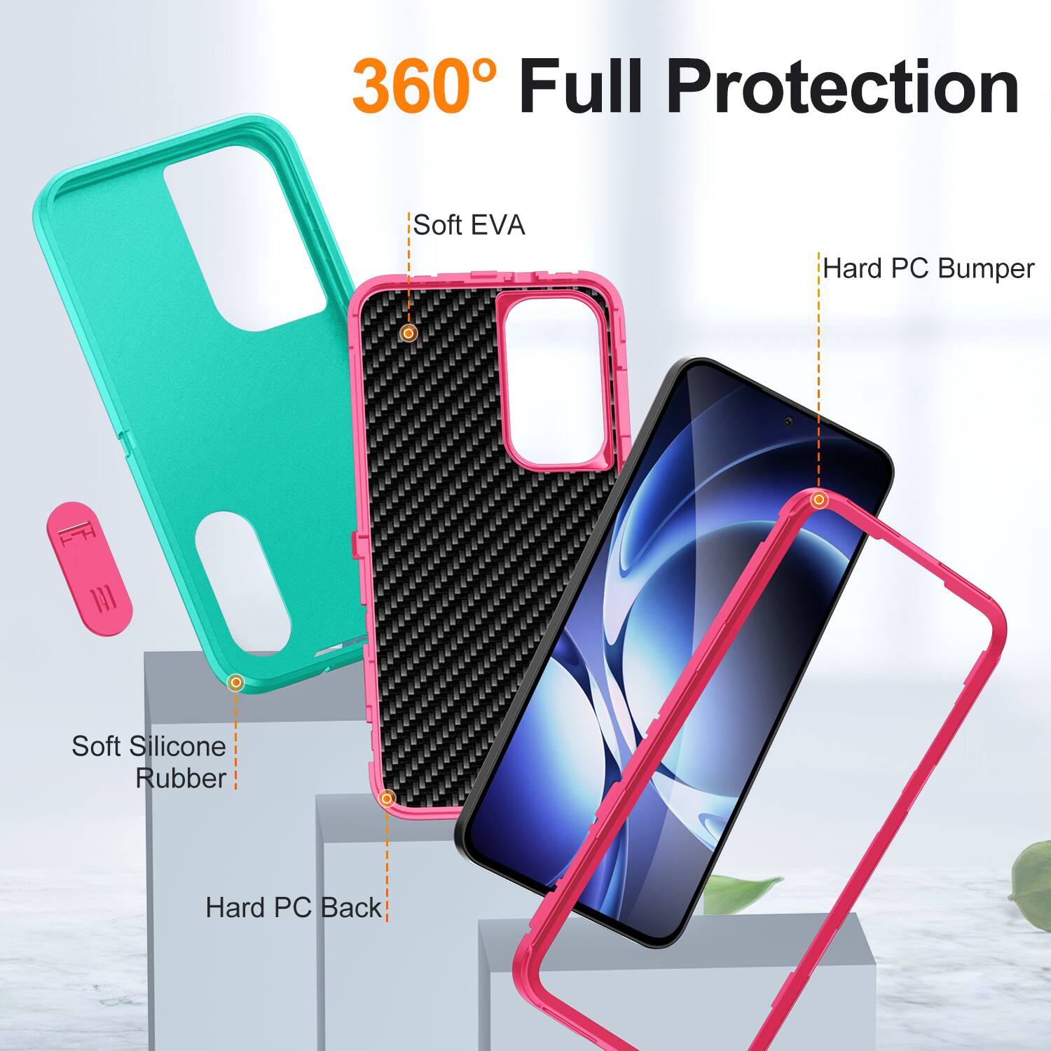 360° Full Protection

- Soft EVA
- Hard PC Bumper
- Soft Silicone Rubber
- Hard PC Back