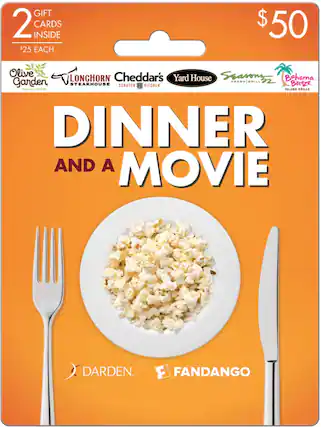 Front. Darden - $50 Dinner & Movie Gift Card Pack.