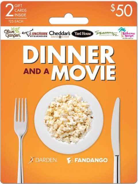 Front Zoom. Darden - $50 Dinner & Movie Gift Card Pack.