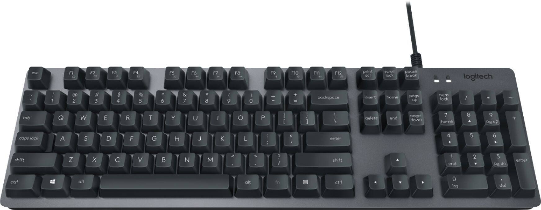 The image displays a black keyboard with a white background. The keyboard has a Logitech brand label on it. The keys are arranged in two rows, with the top row containing the numbers 1 to 0 and the bottom row containing the letters A to Z. The keyboard also has function keys, such as F1 to F12, and other special keys like the arrow keys, the home and end keys, and the shift, ctrl, and alt keys. The keyboard is designed for efficient typing and navigation.