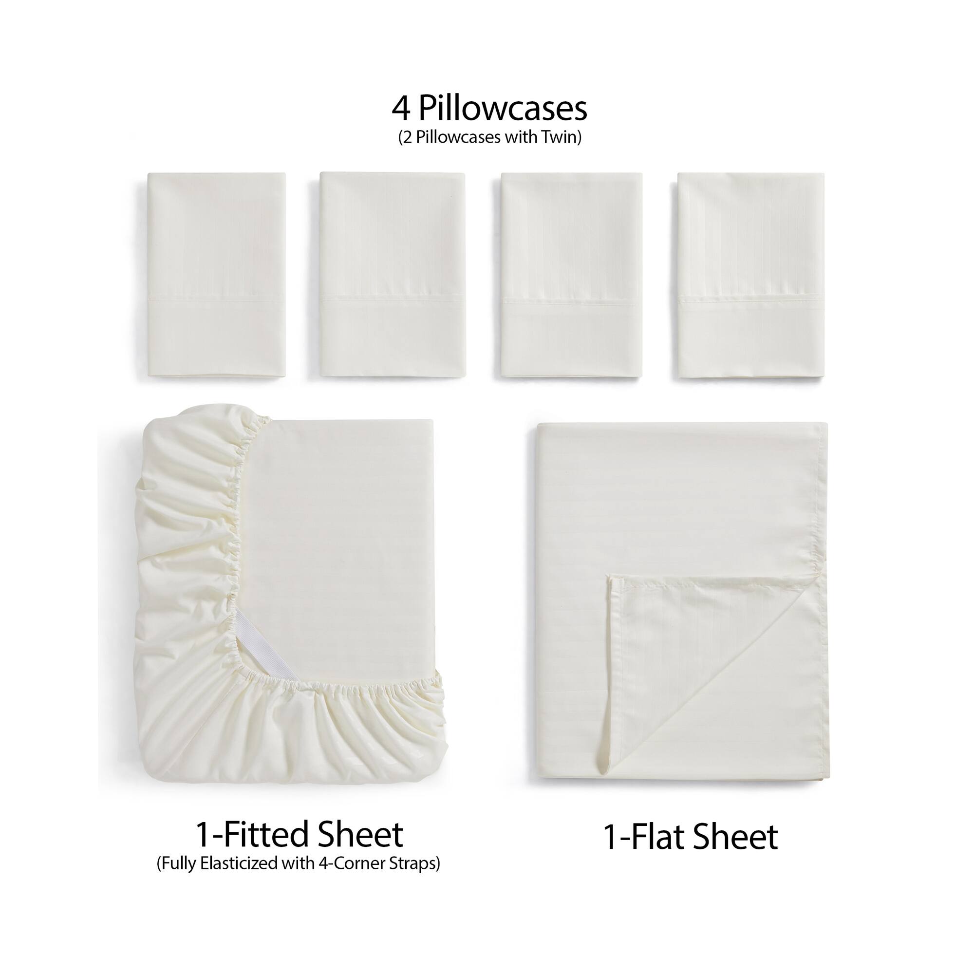 4 Pillowcases  
(2 Pillowcases with Twin)  

1-Fitted Sheet  
(Fully Elasticized with 4-Corner Straps)  

1-Flat Sheet