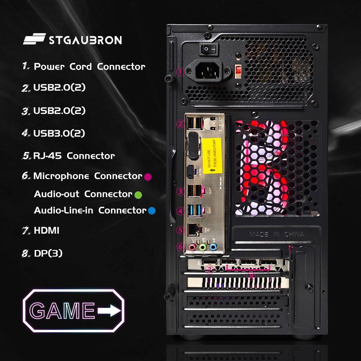 STGAUBRON
1. Power Cord Connector
2. USB2.0(2)
3. USB2.0(2)
4. USB3.0(2)
5. RJ-45 Connector
6. Microphone Connector
7. Audio-out Connector
8. Audio-Line-in Connector
9. HDMI
10. DP(3)
MADE IN CHINA
GAME